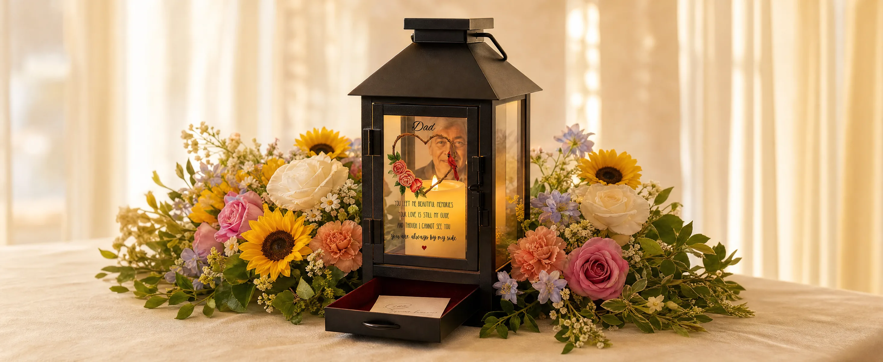A STILLWIND memorial lantern beside cut flowers