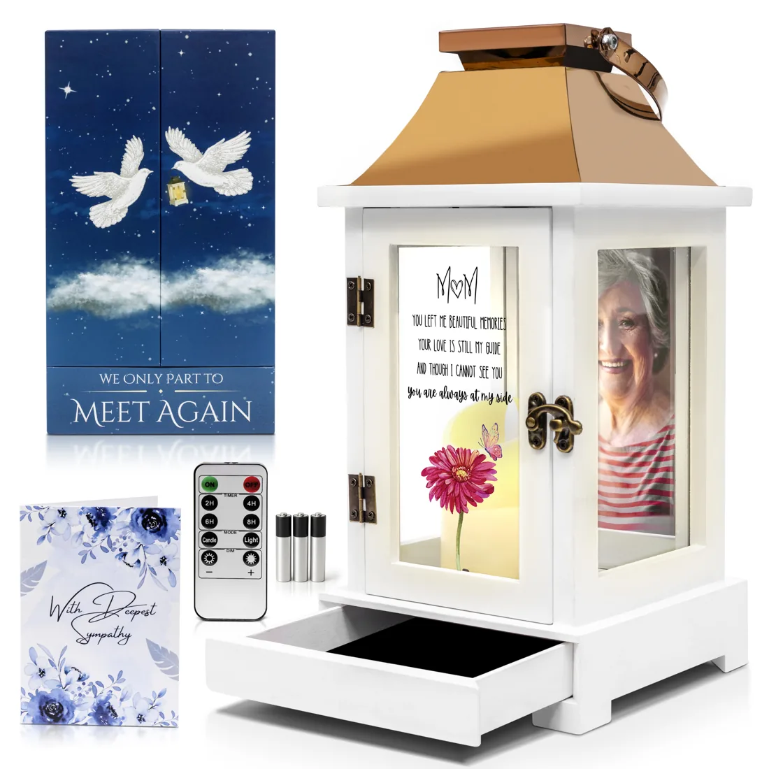 The STILLWIND wood memorial lantern in the Mom design, with a copper crown