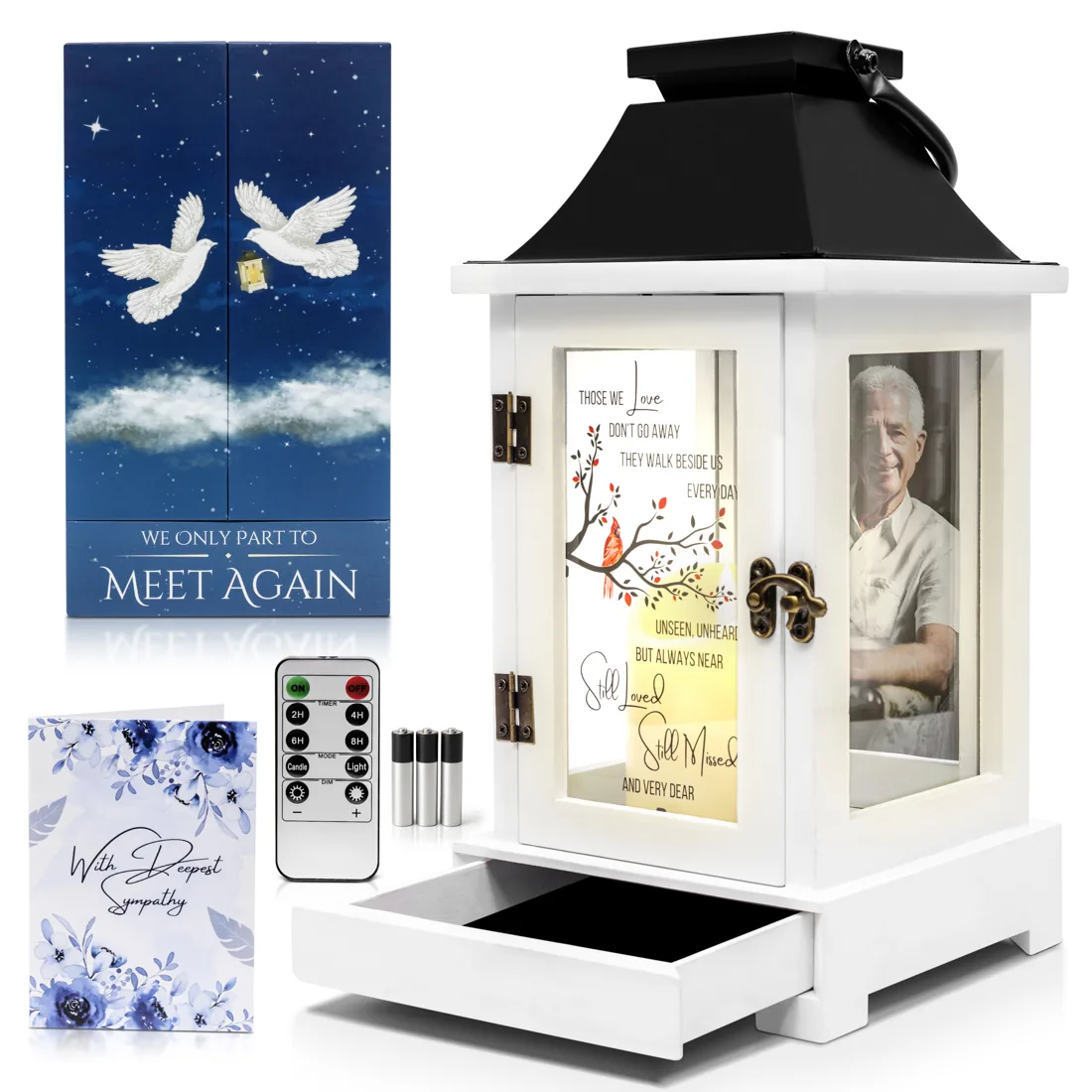 The STILLWIND wood memorial lantern in the Those We Love design, with a black crown
